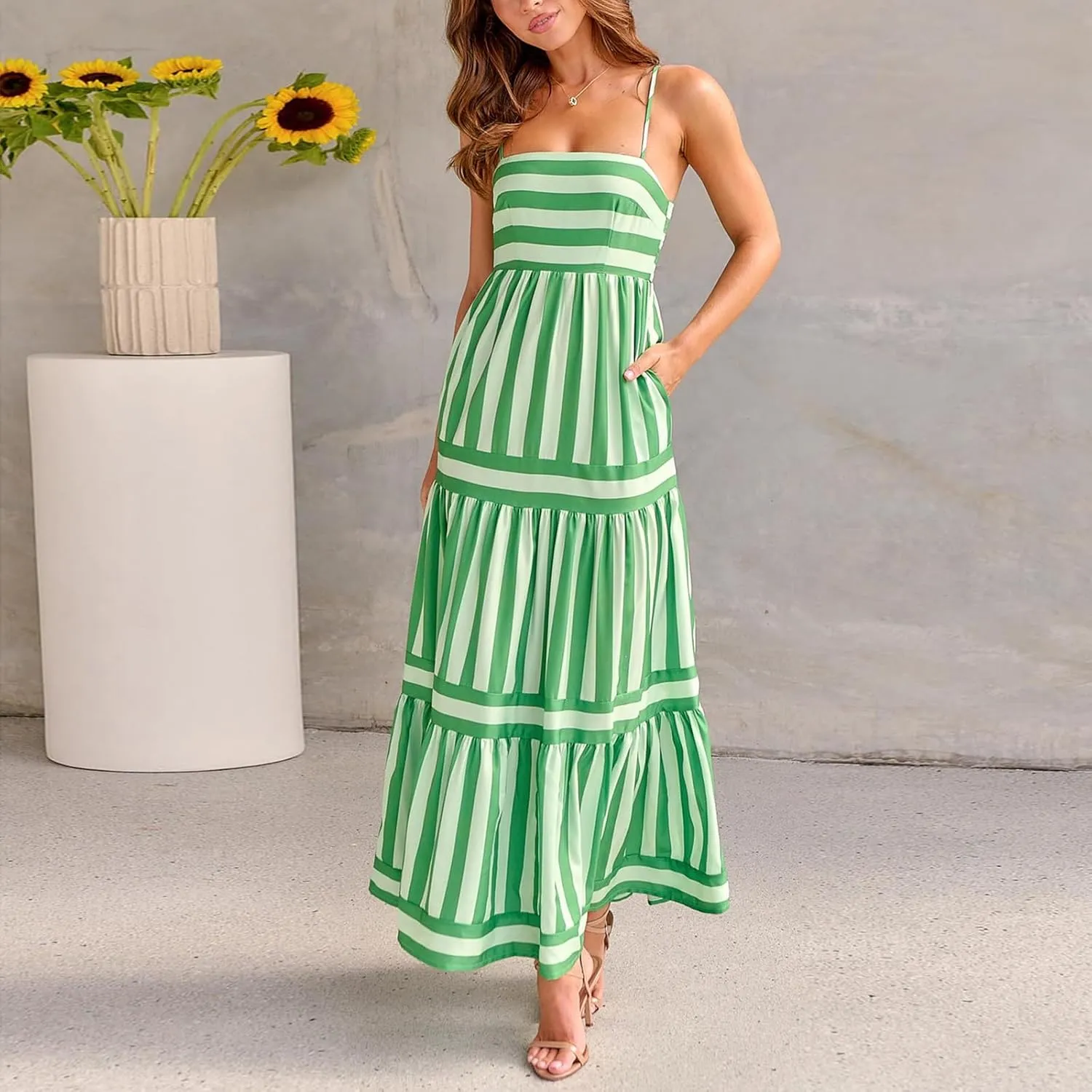 Women Striped Maxi Dress Smocked Backless Spaghetti Strap Long Flowy Dress Sleeveless Boho Aline Sundress