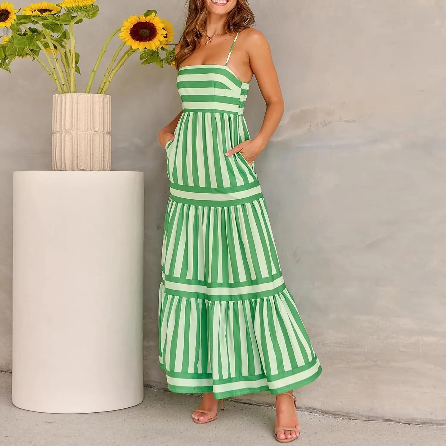 Women Striped Maxi Dress Smocked Backless Spaghetti Strap Long Flowy Dress Sleeveless Boho Aline Sundress