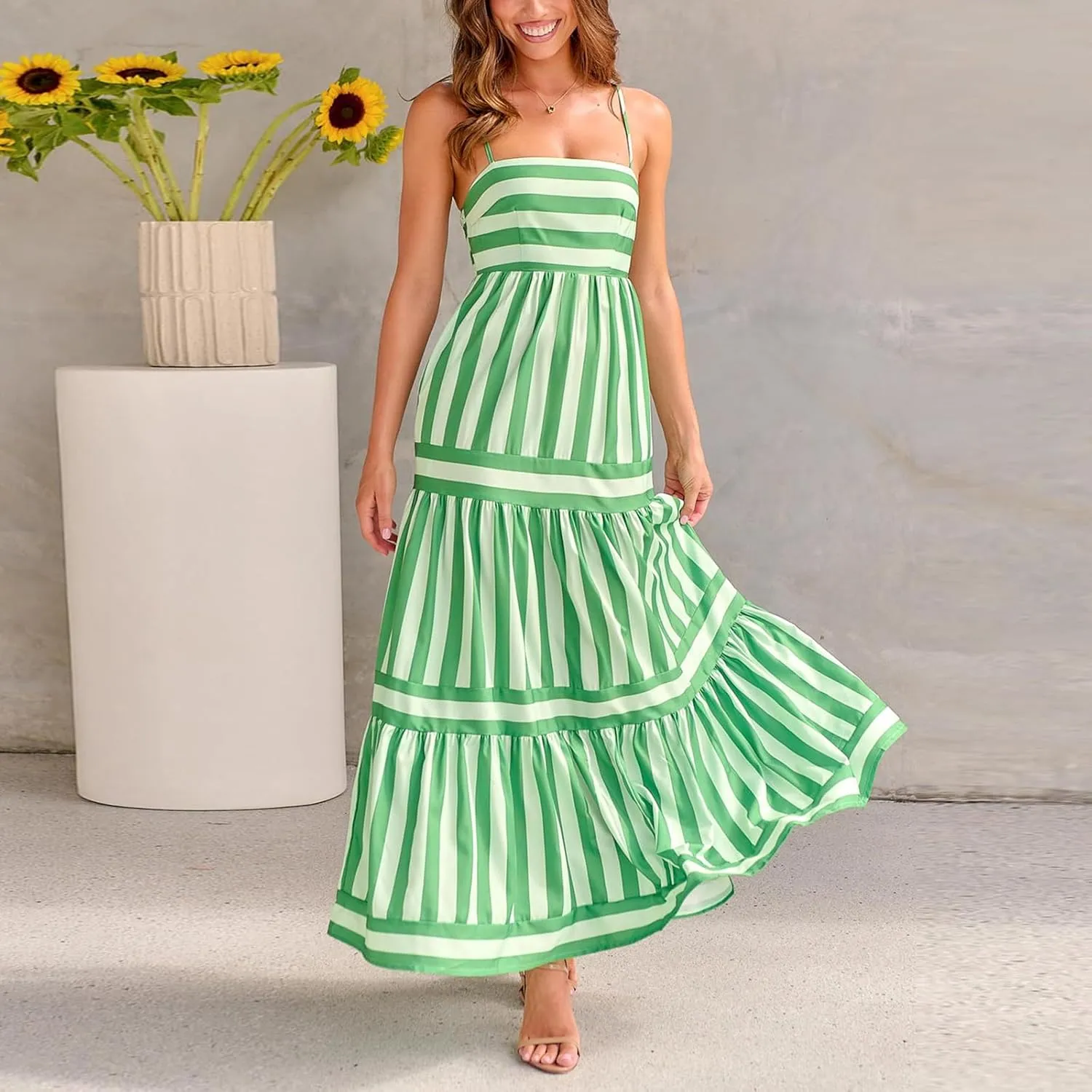 Women Striped Maxi Dress Smocked Backless Spaghetti Strap Long Flowy Dress Sleeveless Boho Aline Sundress