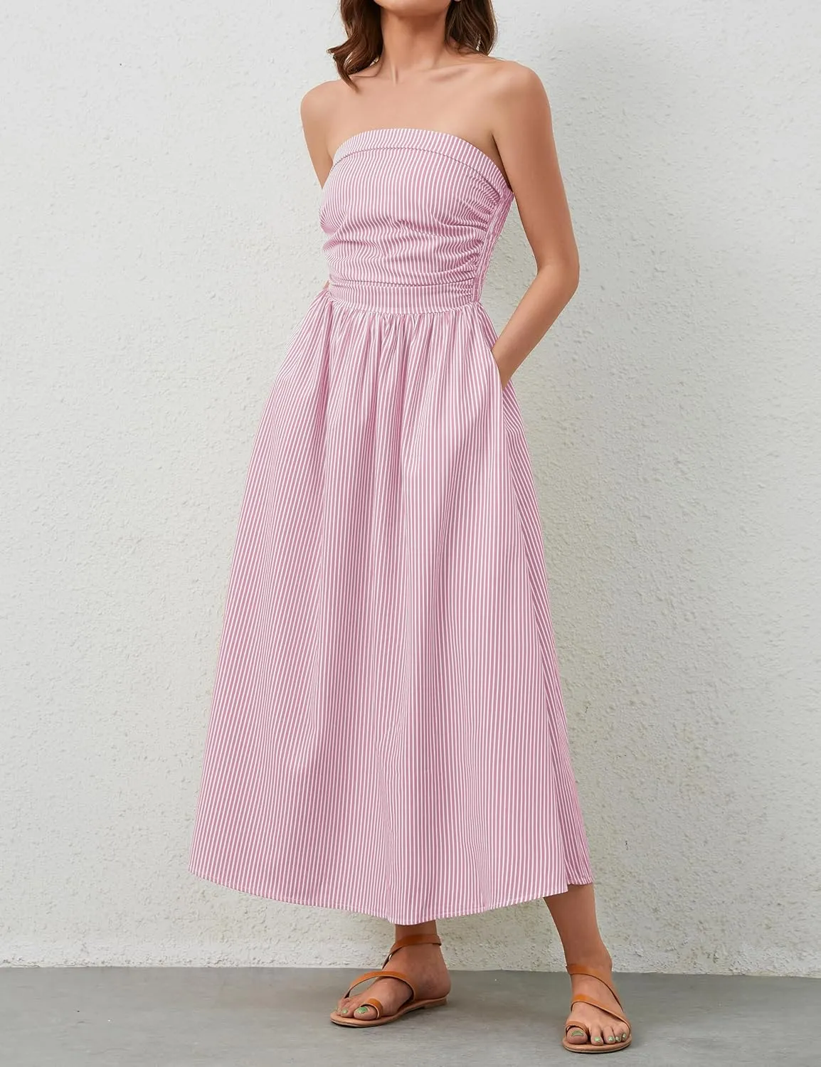 Women Striped Strapless Sleeveless Flowy Summer Casual Tube Maxi Long Dress with Pockets