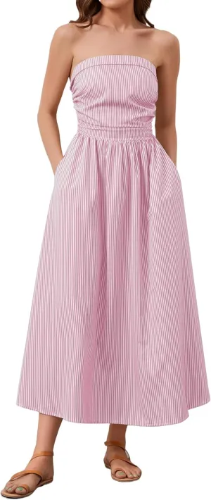 Women Striped Strapless Sleeveless Flowy Summer Casual Tube Maxi Long Dress with Pockets