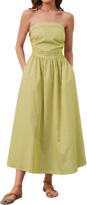 Women Striped Strapless Sleeveless Flowy Summer Casual Tube Maxi Long Dress with Pockets