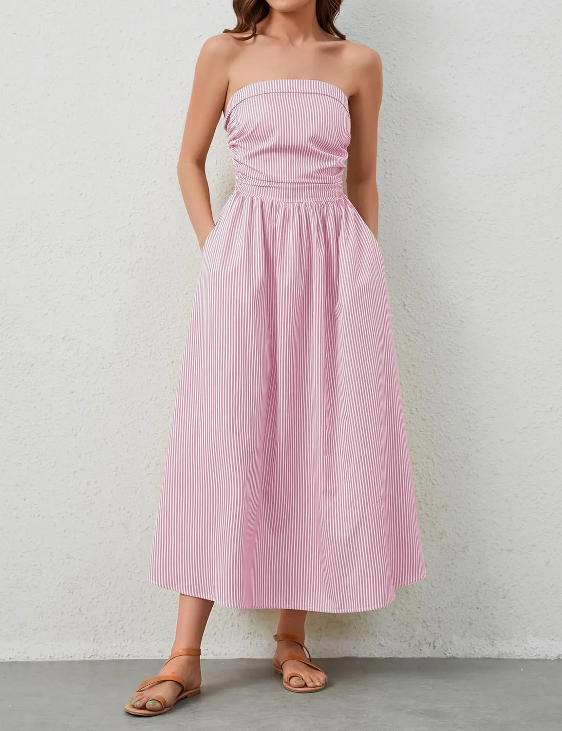 Women Striped Strapless Sleeveless Flowy Summer Casual Tube Maxi Long Dress with Pockets