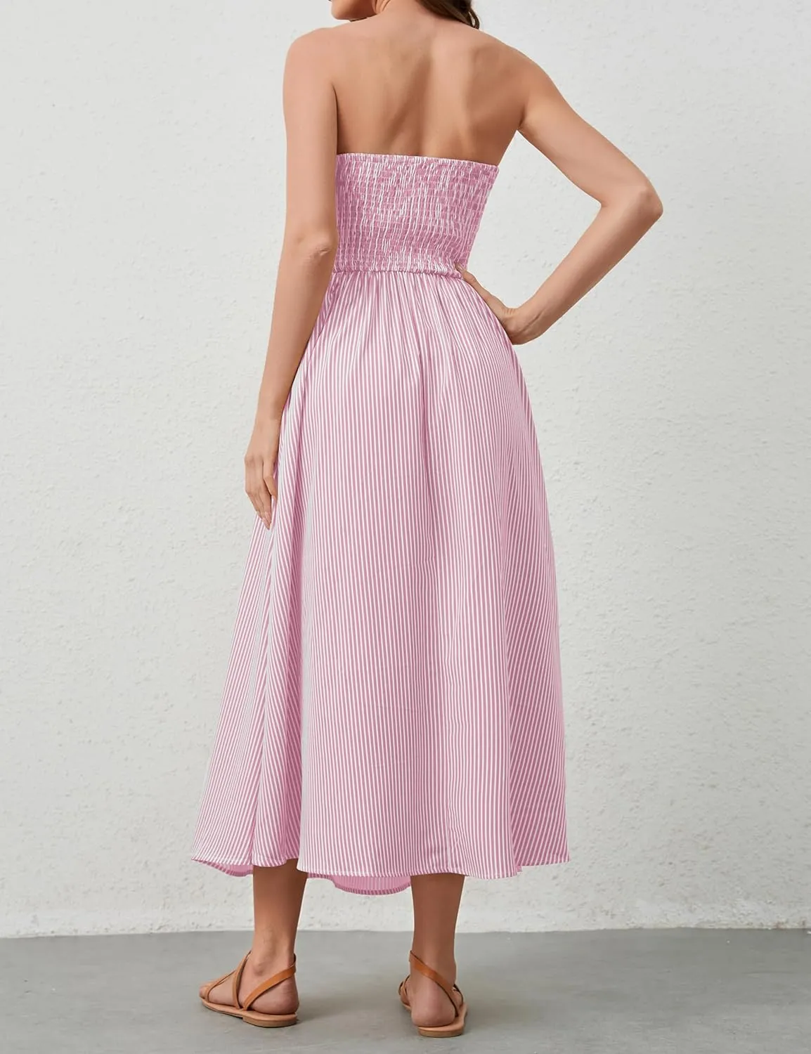 Women Striped Strapless Sleeveless Flowy Summer Casual Tube Maxi Long Dress with Pockets