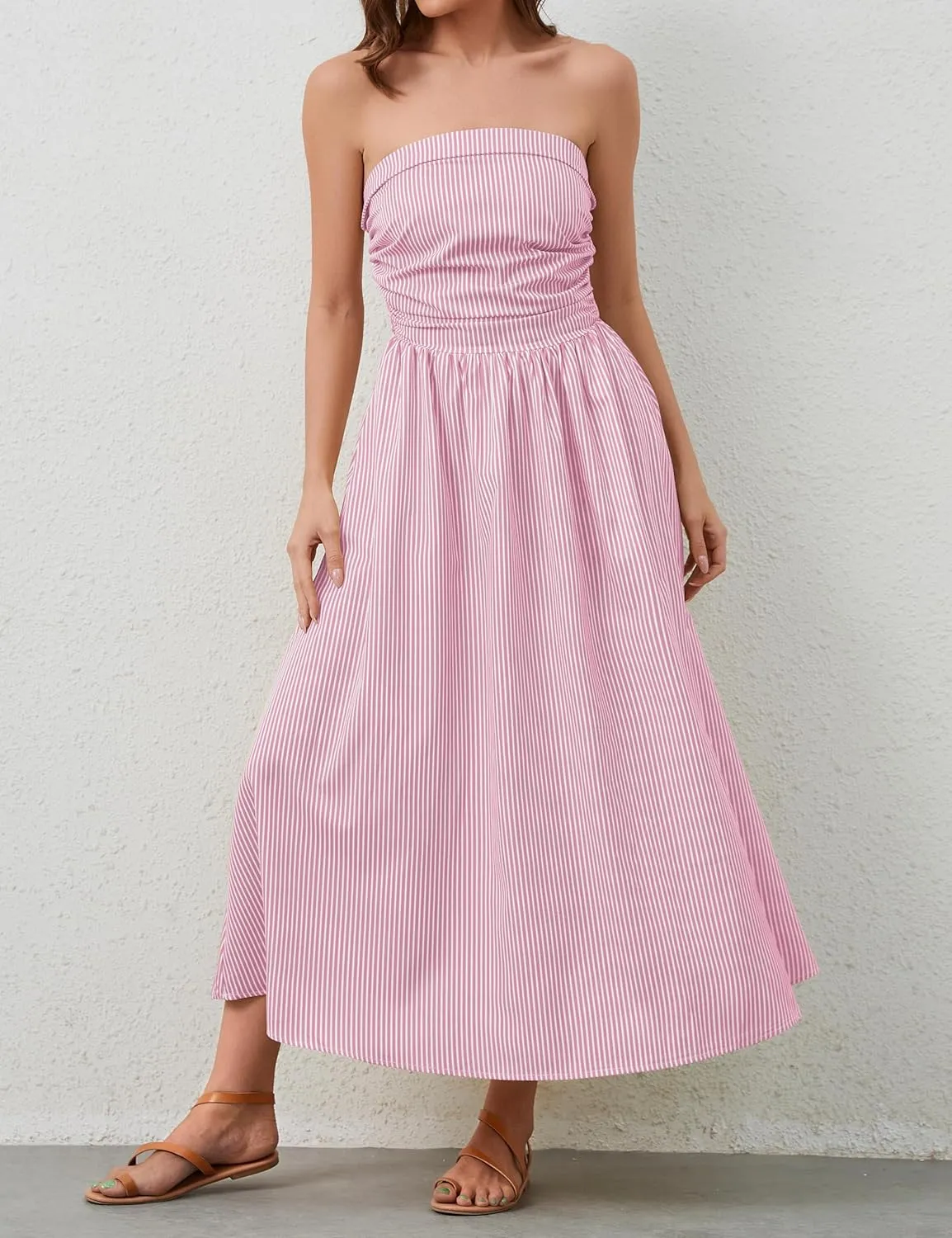 Women Striped Strapless Sleeveless Flowy Summer Casual Tube Maxi Long Dress with Pockets