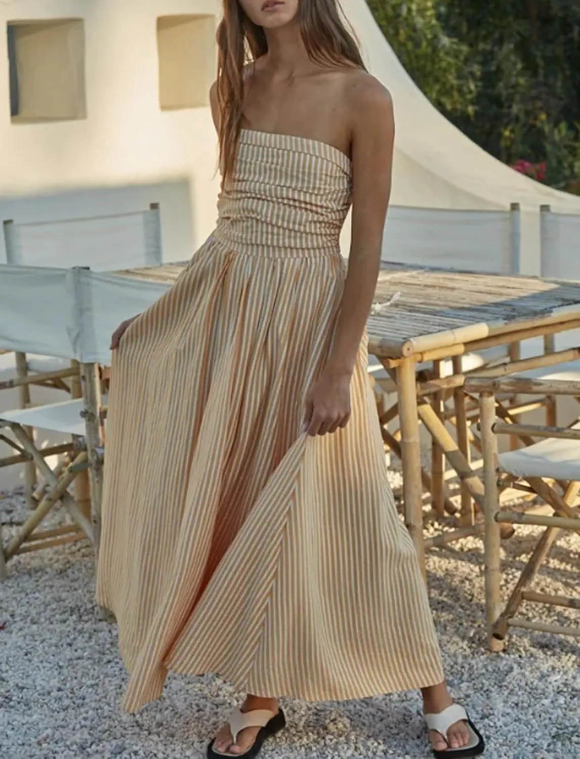 Women Striped Strapless Sleeveless Flowy Summer Casual Tube Maxi Long Dress with Pockets