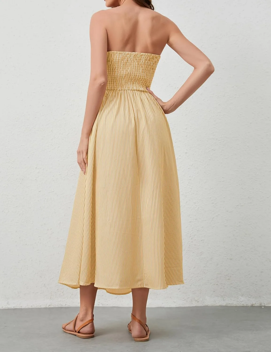 Women Striped Strapless Sleeveless Flowy Summer Casual Tube Maxi Long Dress with Pockets
