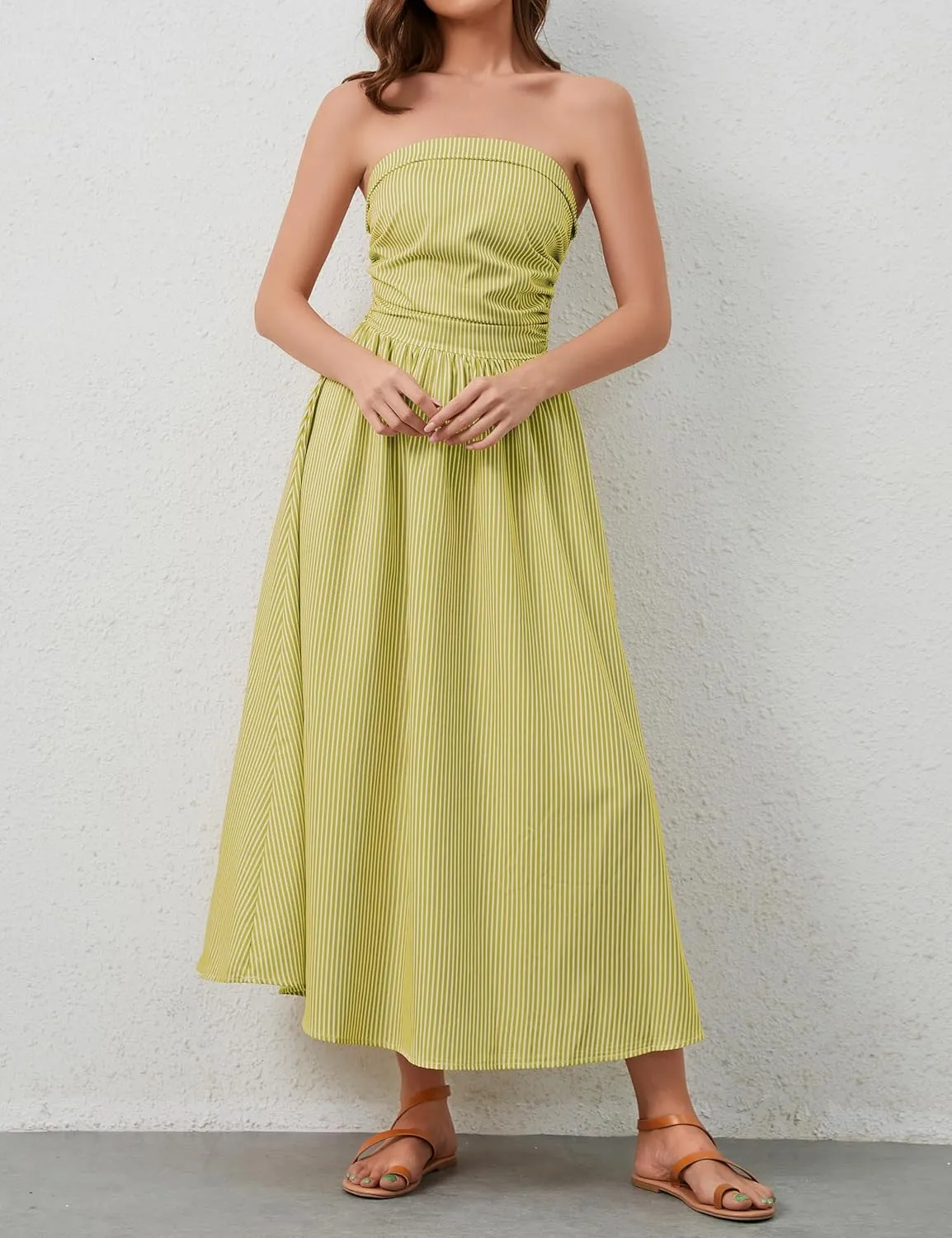 Women Striped Strapless Sleeveless Flowy Summer Casual Tube Maxi Long Dress with Pockets