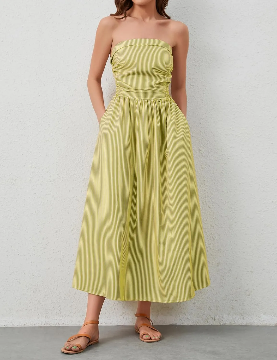 Women Striped Strapless Sleeveless Flowy Summer Casual Tube Maxi Long Dress with Pockets
