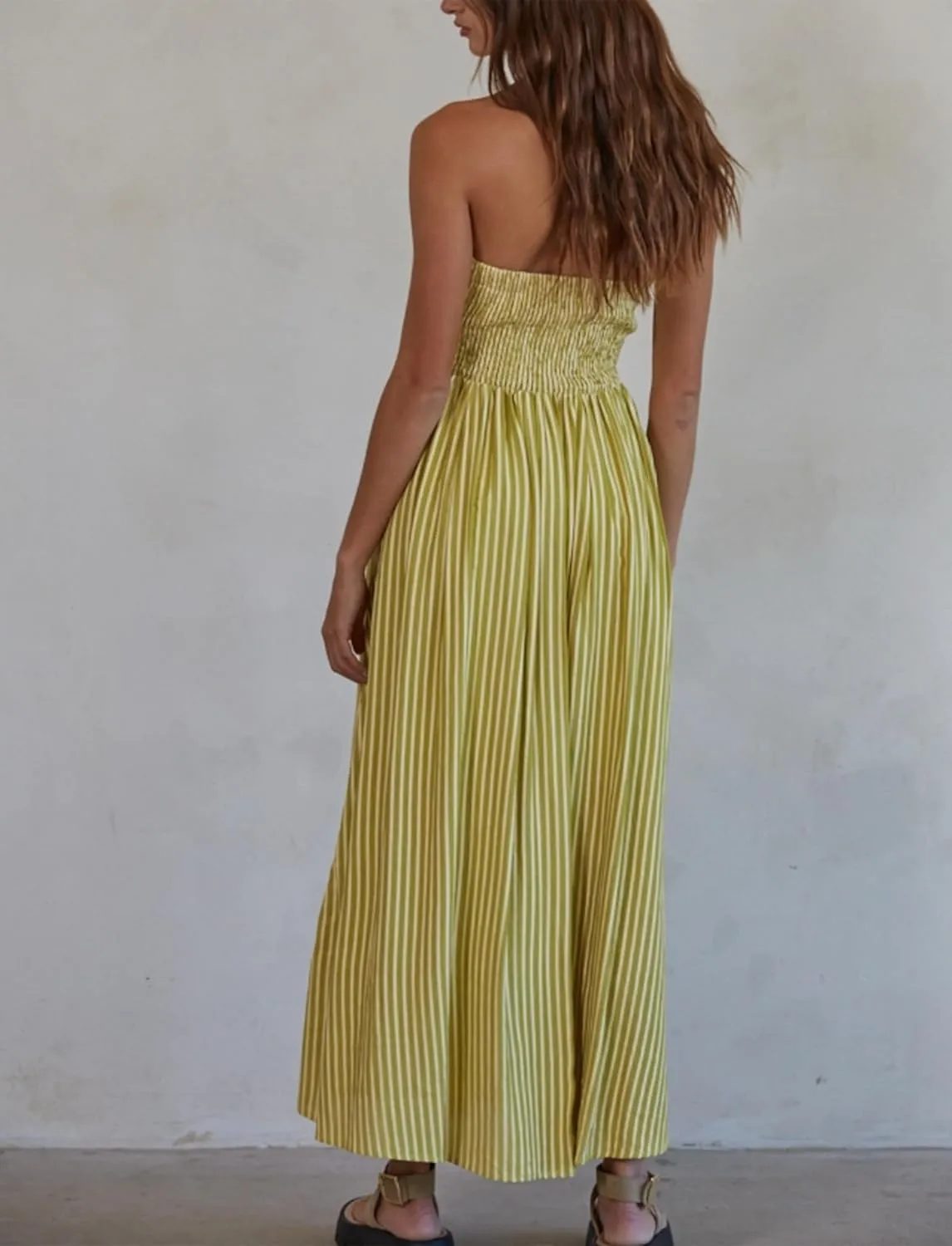 Women Striped Strapless Sleeveless Flowy Summer Casual Tube Maxi Long Dress with Pockets