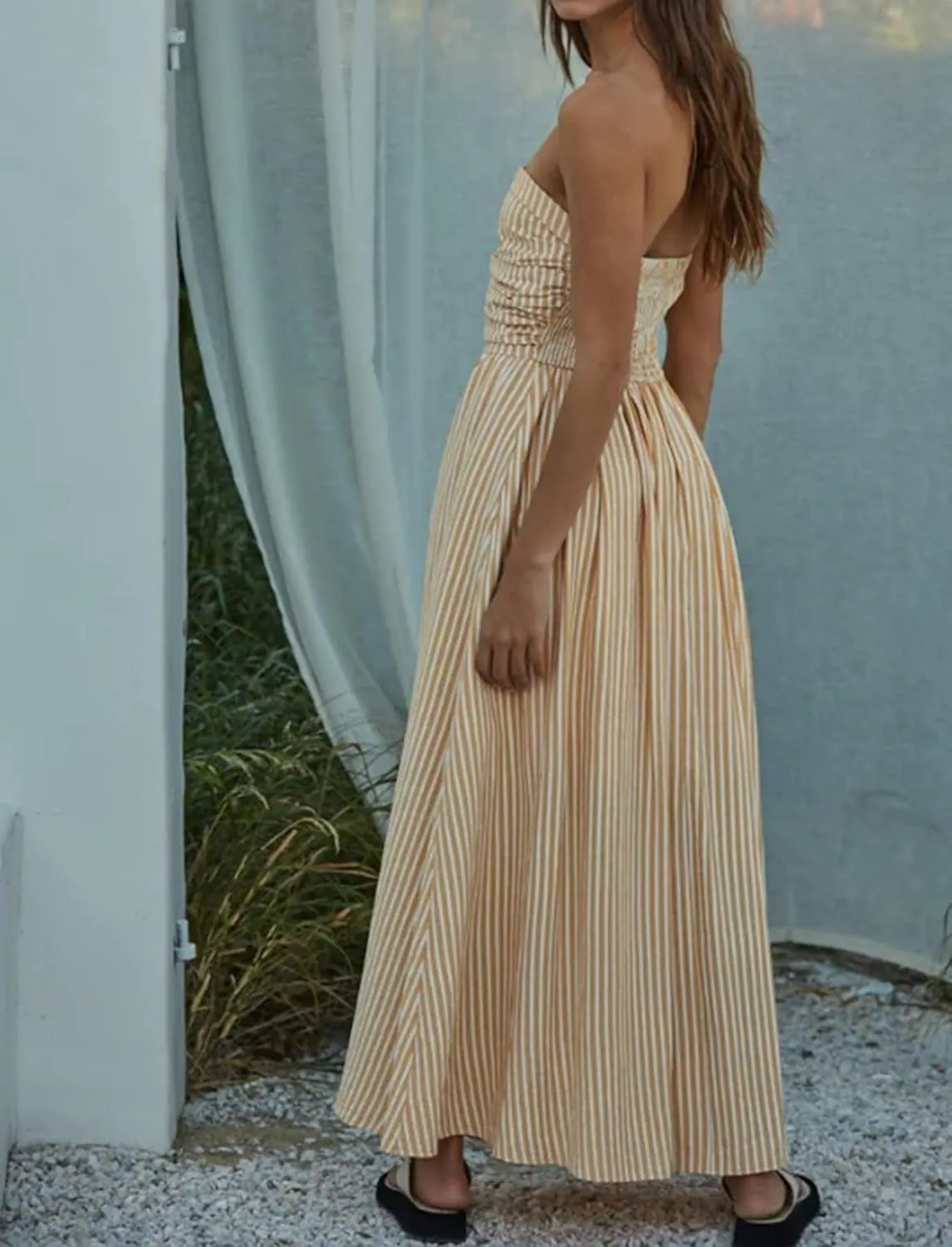 Women Striped Strapless Sleeveless Flowy Summer Casual Tube Maxi Long Dress with Pockets