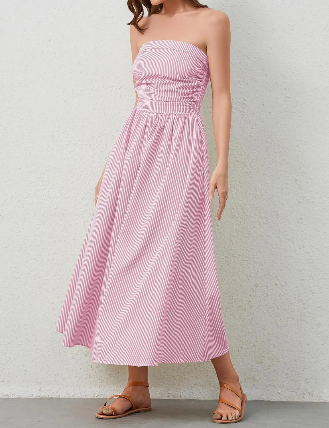 Women Striped Strapless Sleeveless Flowy Summer Casual Tube Maxi Long Dress with Pockets