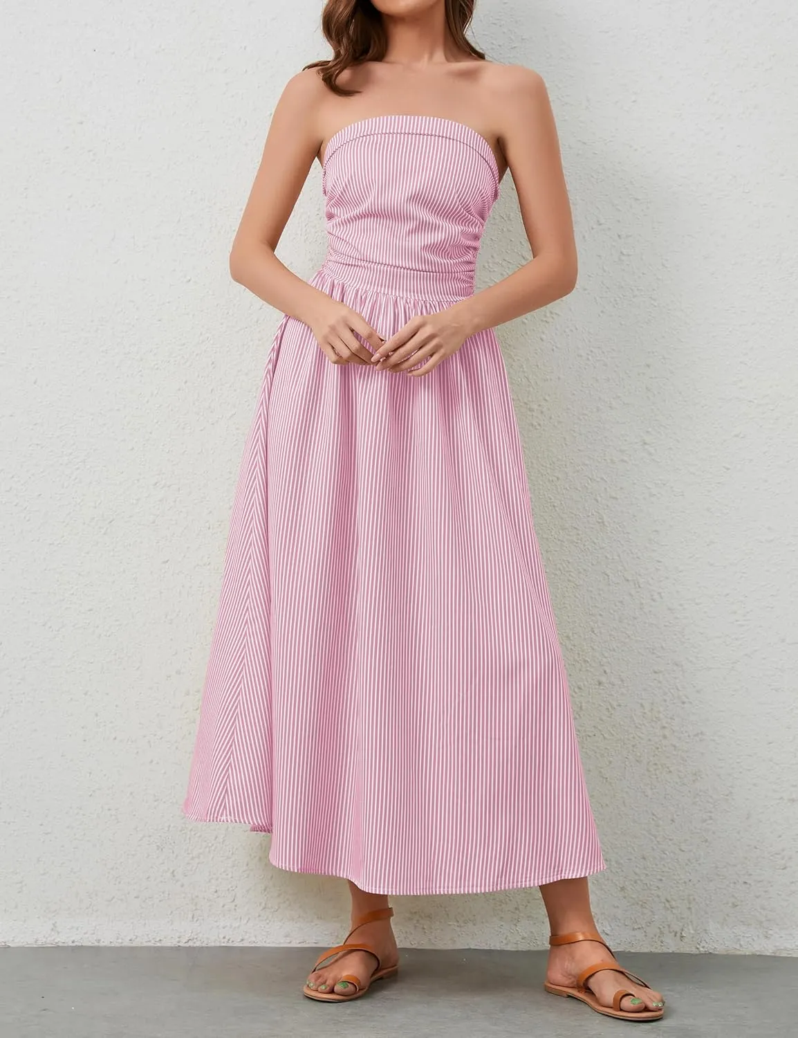 Women Striped Strapless Sleeveless Flowy Summer Casual Tube Maxi Long Dress with Pockets