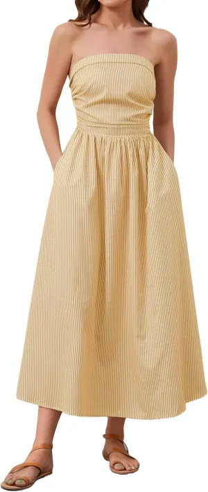 Women Striped Strapless Sleeveless Flowy Summer Casual Tube Maxi Long Dress with Pockets