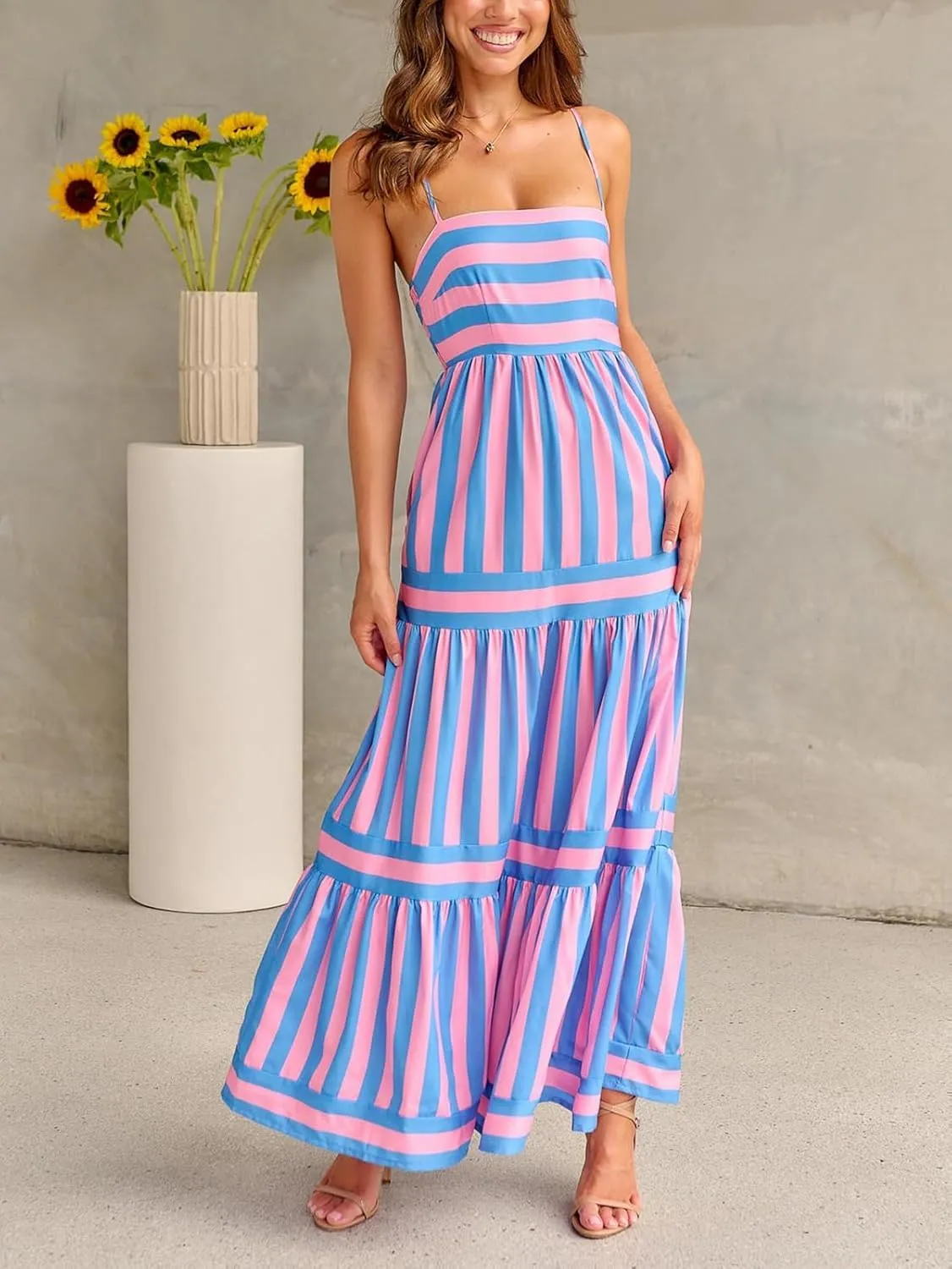 Women Summer Colorful Striped Maxi Cami Dress Spaghetti Strap Boho Long Flowy Sun Dresses A Line Beach Sundresses