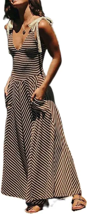 Women Summer Colorful Striped Maxi Cami Dress Spaghetti Strap Boho Long Flowy Sun Dresses A Line Beach Sundresses