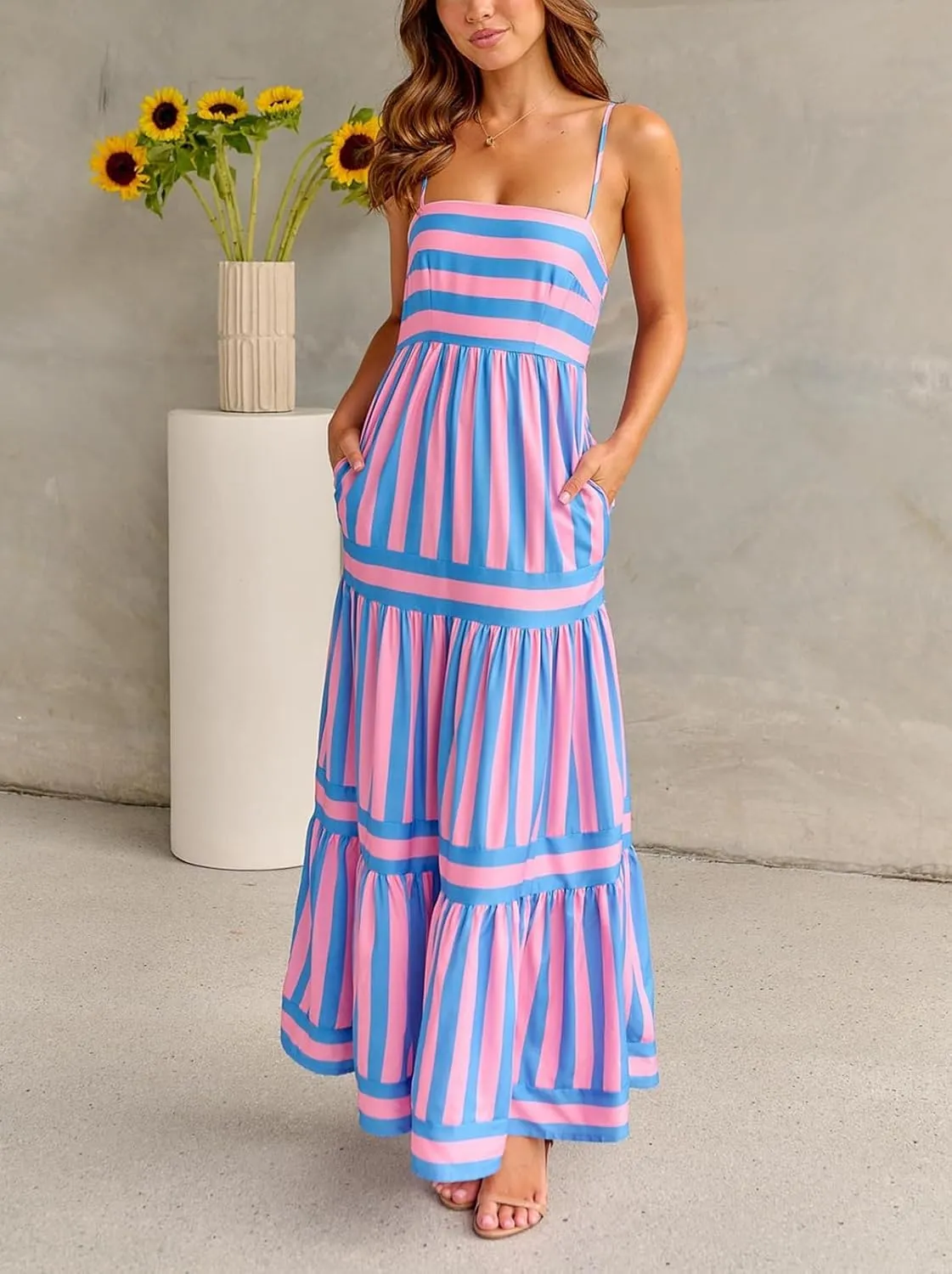 Women Summer Colorful Striped Maxi Cami Dress Spaghetti Strap Boho Long Flowy Sun Dresses A Line Beach Sundresses