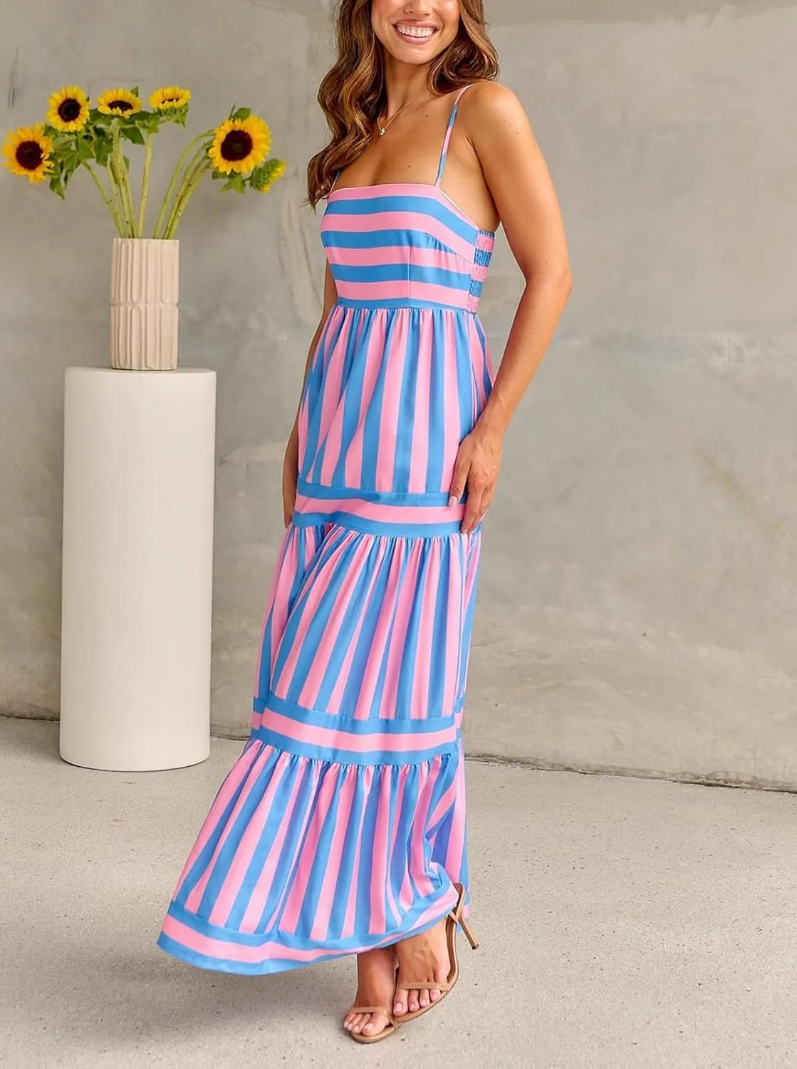 Women Summer Colorful Striped Maxi Cami Dress Spaghetti Strap Boho Long Flowy Sun Dresses A Line Beach Sundresses