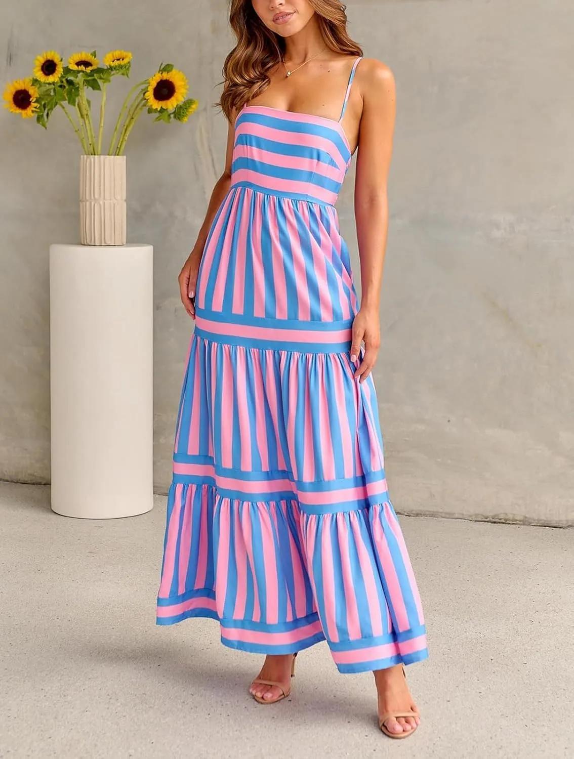 Women Summer Colorful Striped Maxi Cami Dress Spaghetti Strap Boho Long Flowy Sun Dresses A Line Beach Sundresses
