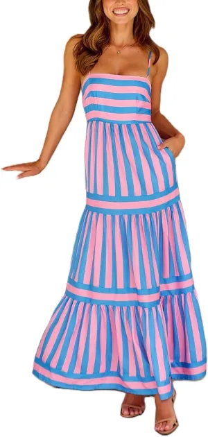 Women Summer Colorful Striped Maxi Cami Dress Spaghetti Strap Boho Long Flowy Sun Dresses A Line Beach Sundresses