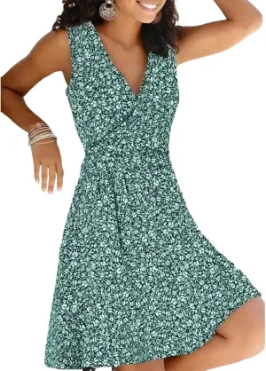 Women Summer Fresh Sweet Green Floral Print Sleeveless V Neck Ruffled Going Out Casual Travel Party Mini Dress