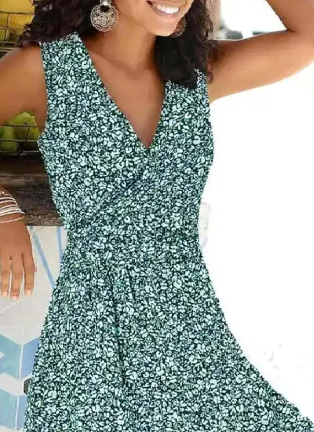 Women Summer Fresh Sweet Green Floral Print Sleeveless V Neck Ruffled Going Out Casual Travel Party Mini Dress
