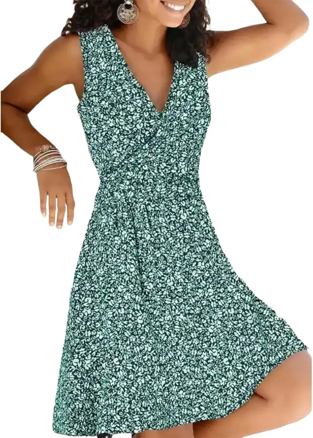 Women Summer Fresh Sweet Green Floral Print Sleeveless V Neck Ruffled Going Out Casual Travel Party Mini Dress