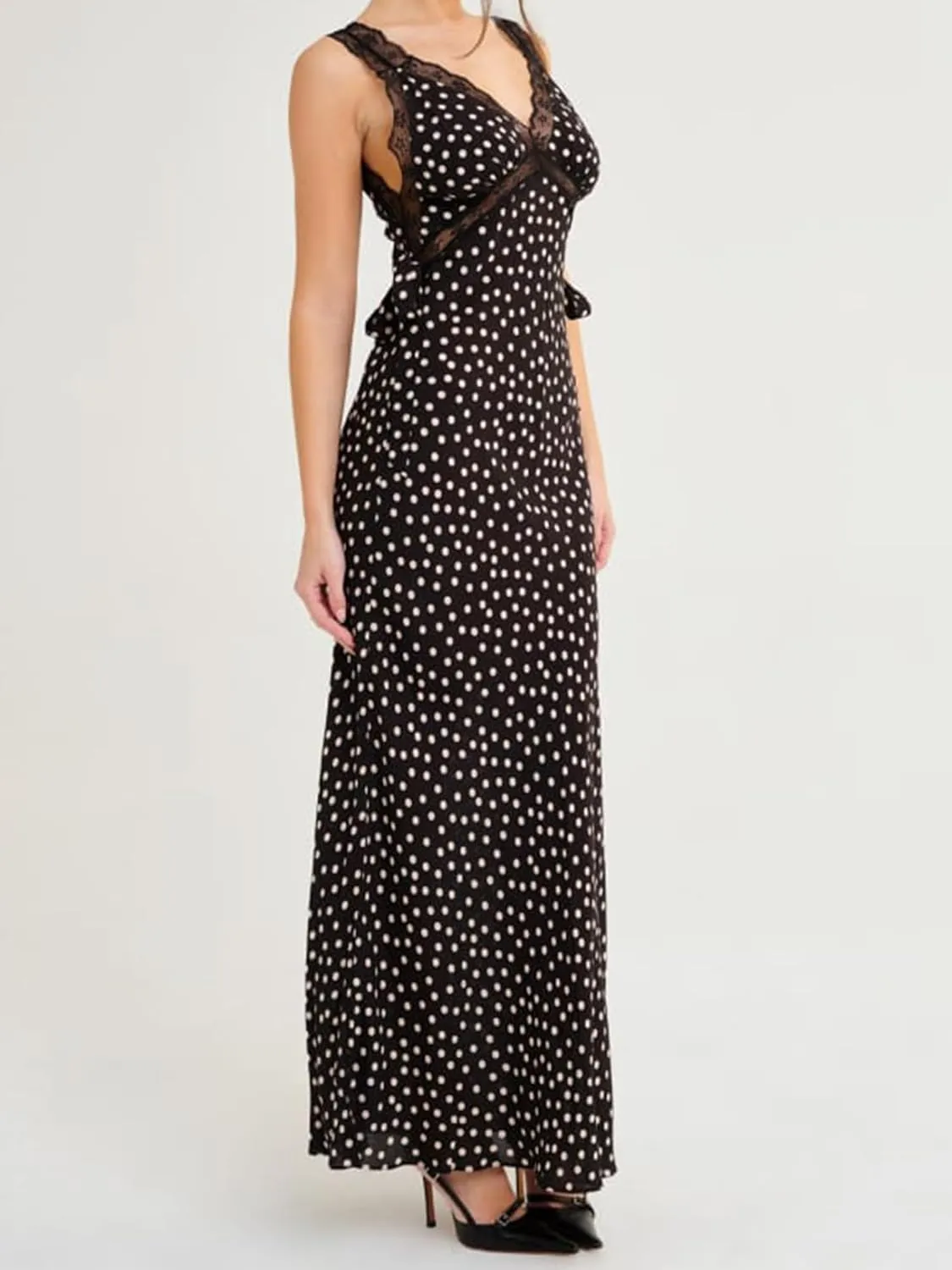 Women Summer Spaghetti Strap Maxi Dress Elegant Polka Dot Backless Sleeveless Cocktail Long Dress