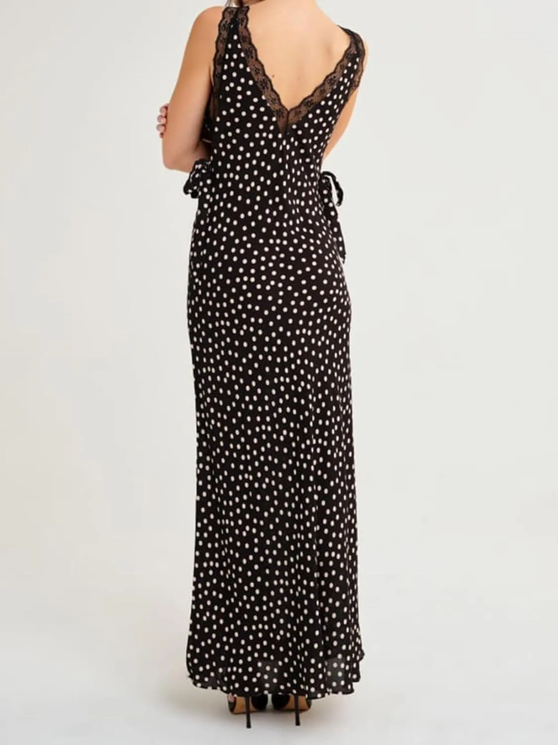 Women Summer Spaghetti Strap Maxi Dress Elegant Polka Dot Backless Sleeveless Cocktail Long Dress