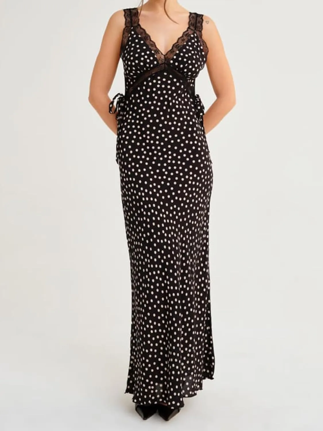 Women Summer Spaghetti Strap Maxi Dress Elegant Polka Dot Backless Sleeveless Cocktail Long Dress