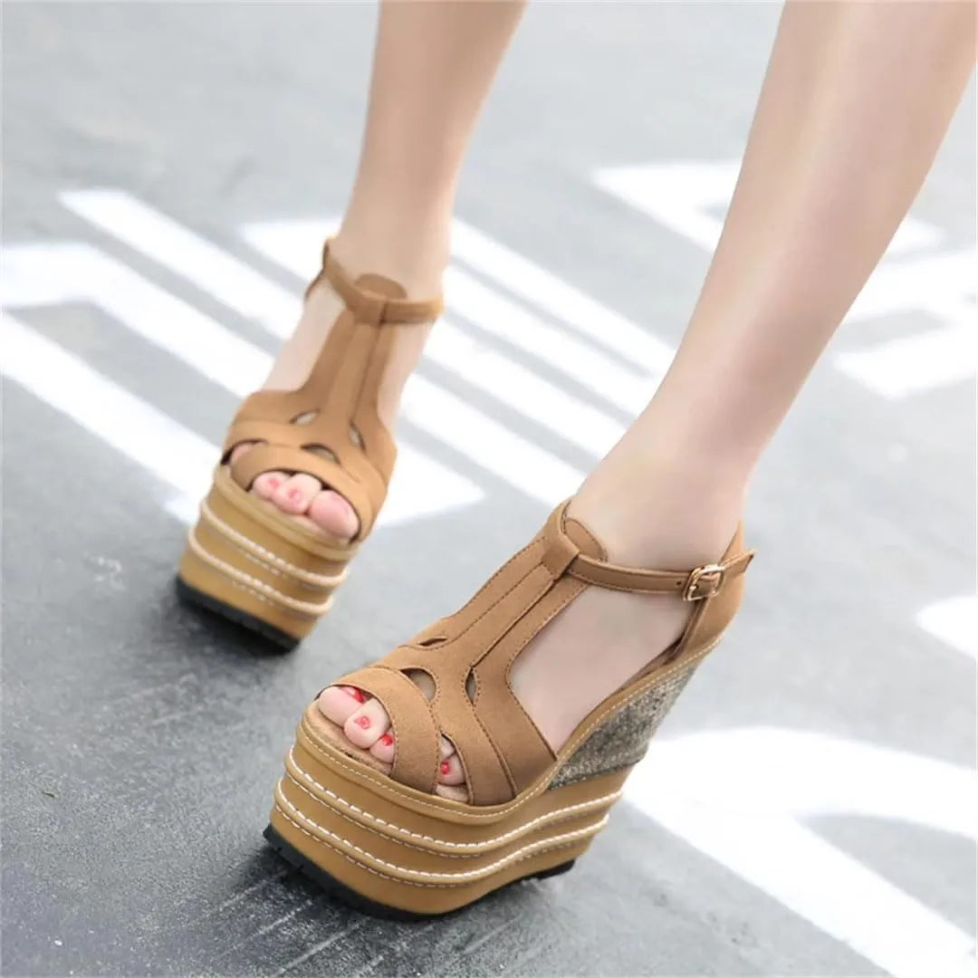 Women Super High Heel Sandals 16CM Wedge Platform Buckle Strap Open Toe Nightclub Shoes