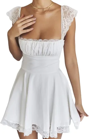 Women Vintage Lace Patchwork A-line Dress Short Sleeve Ruched Square Neck Short Mini Dress