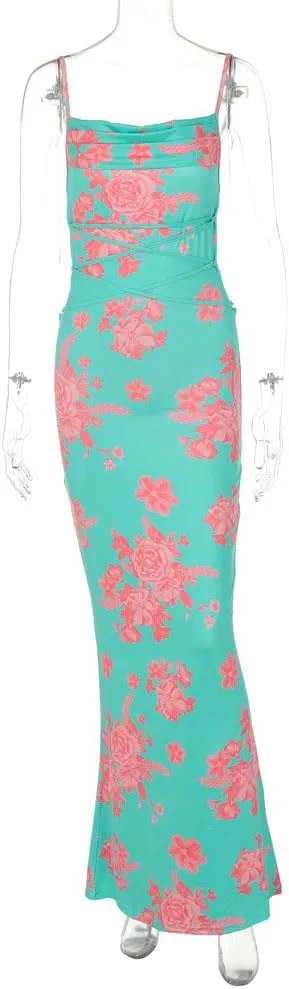 Women Vintage Spaghetti Strap Maxi Dress Sexy Low Cut Backless Floral Satin Slip Long Dress Y2k Cami Bodycon Dresses