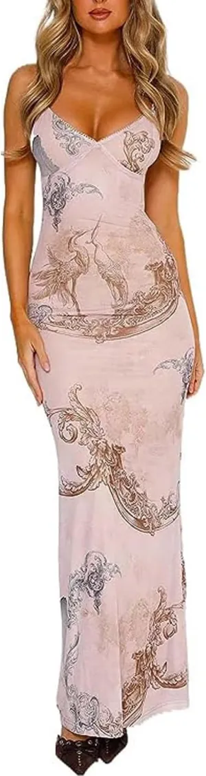 Women Vintage Spaghetti Strap Maxi Dress Sexy Low Cut Backless Floral Satin Slip Long Dress Y2k Cami Bodycon Dresses