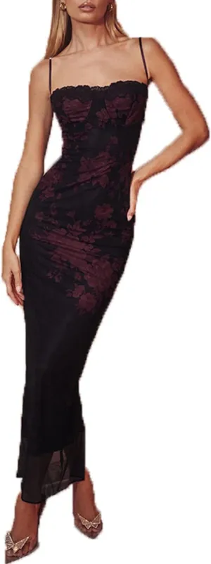 Women Vintage Spaghetti Strap Maxi Dress Sexy Low Cut Backless Floral Satin Slip Long Dress Y2k Cami Bodycon Dresses
