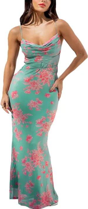 Women Vintage Spaghetti Strap Maxi Dress Sexy Low Cut Backless Floral Satin Slip Long Dress Y2k Cami Bodycon Dresses
