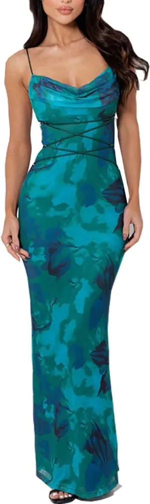Women Vintage Spaghetti Strap Maxi Dress Sexy Low Cut Backless Floral Satin Slip Long Dress Y2k Cami Bodycon Dresses
