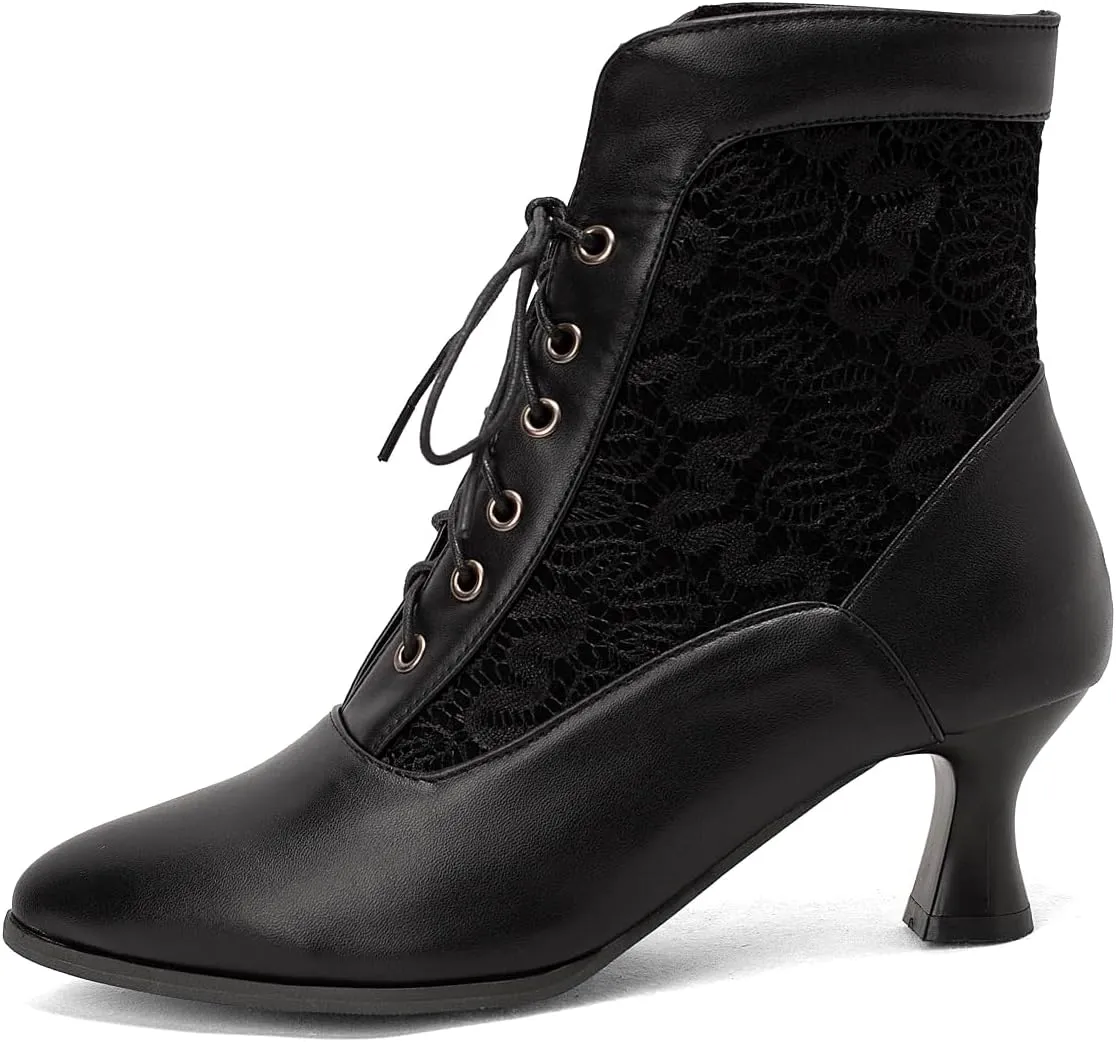Women Vintage Victorian Boots Kitten Heel Granny Boots Lace Up Ankle Boots