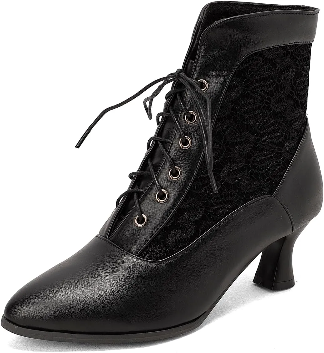 Women Vintage Victorian Boots Kitten Heel Granny Boots Lace Up Ankle Boots