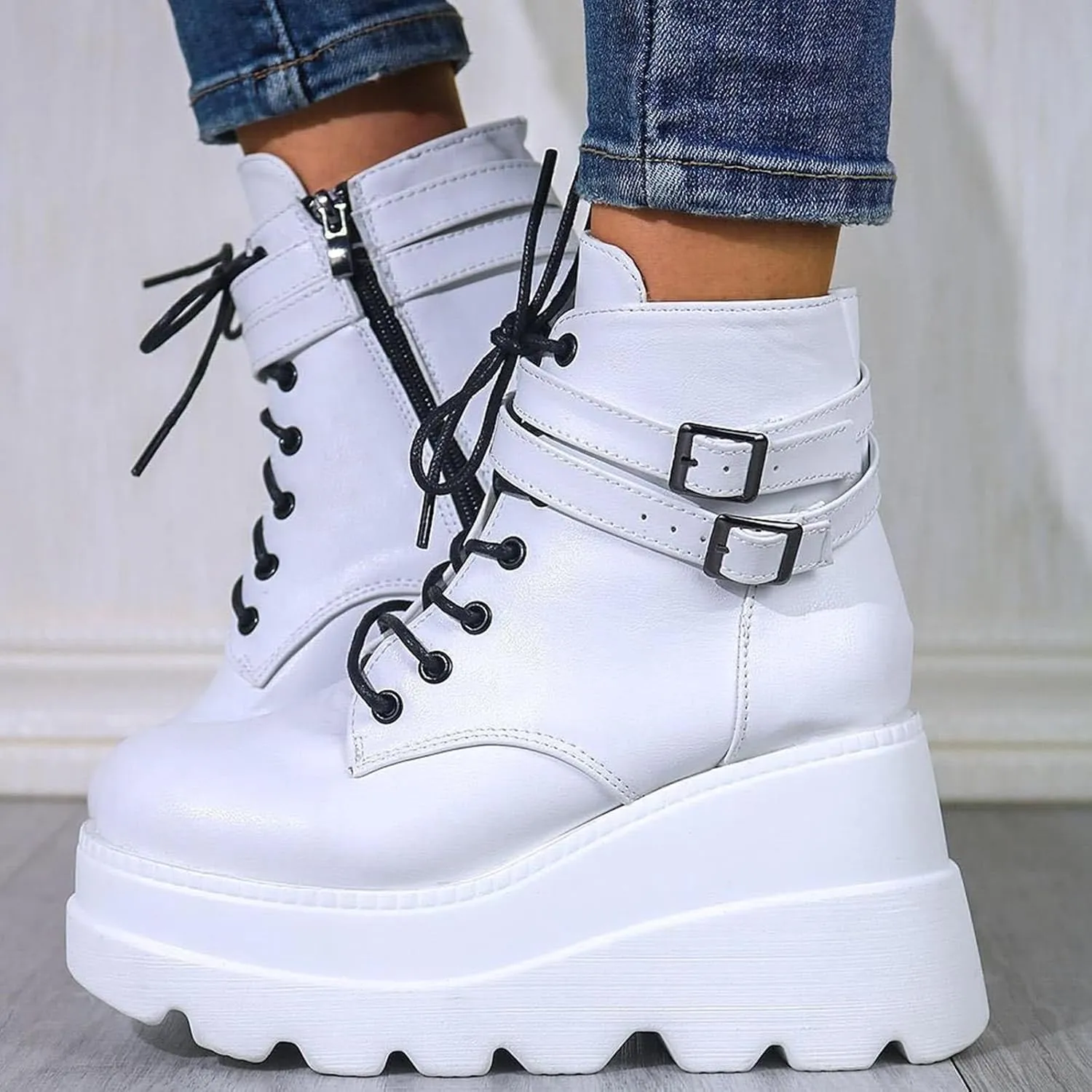 Women Wedge Ankle Boots Lace-Up Zip Round Toe High Heels Goth Combat Booties Chunky Heel Platform Motorcycle Boots