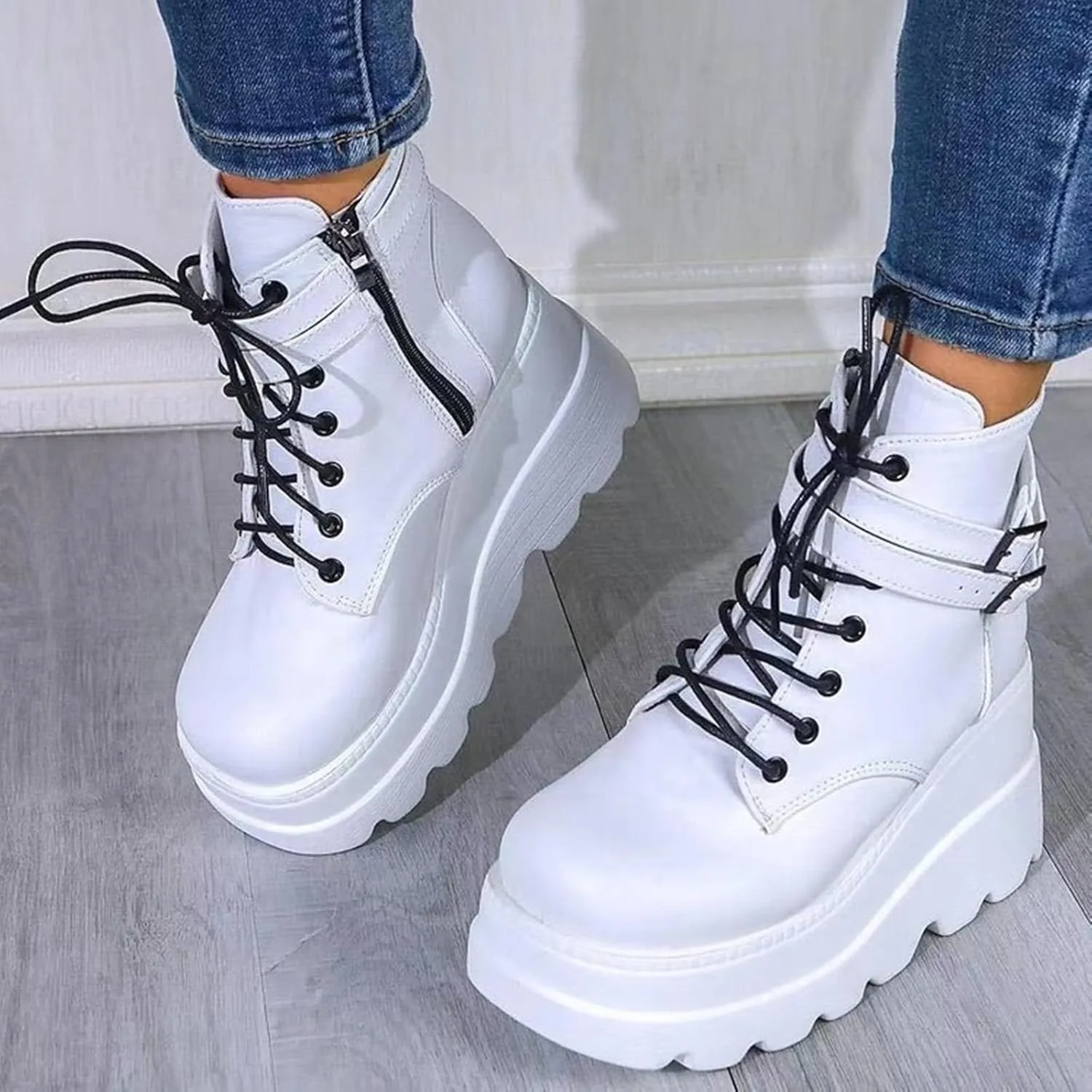 Women Wedge Ankle Boots Lace-Up Zip Round Toe High Heels Goth Combat Booties Chunky Heel Platform Motorcycle Boots