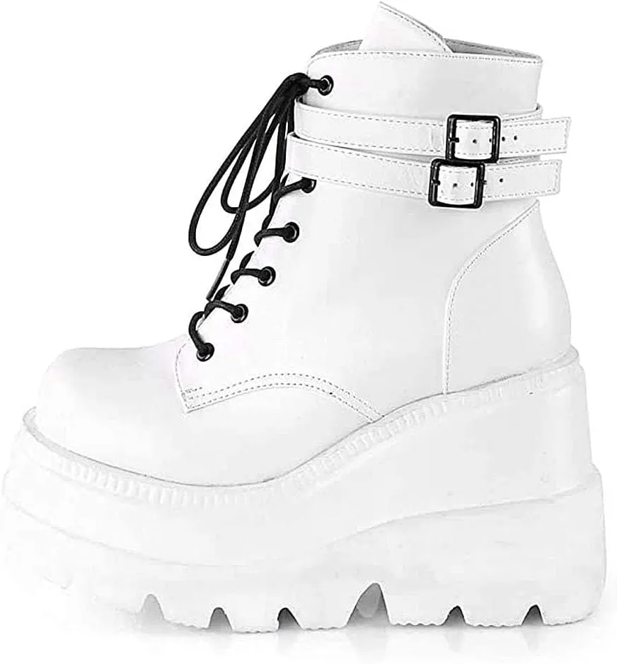 Women Wedge Ankle Boots Lace-Up Zip Round Toe High Heels Goth Combat Booties Chunky Heel Platform Motorcycle Boots