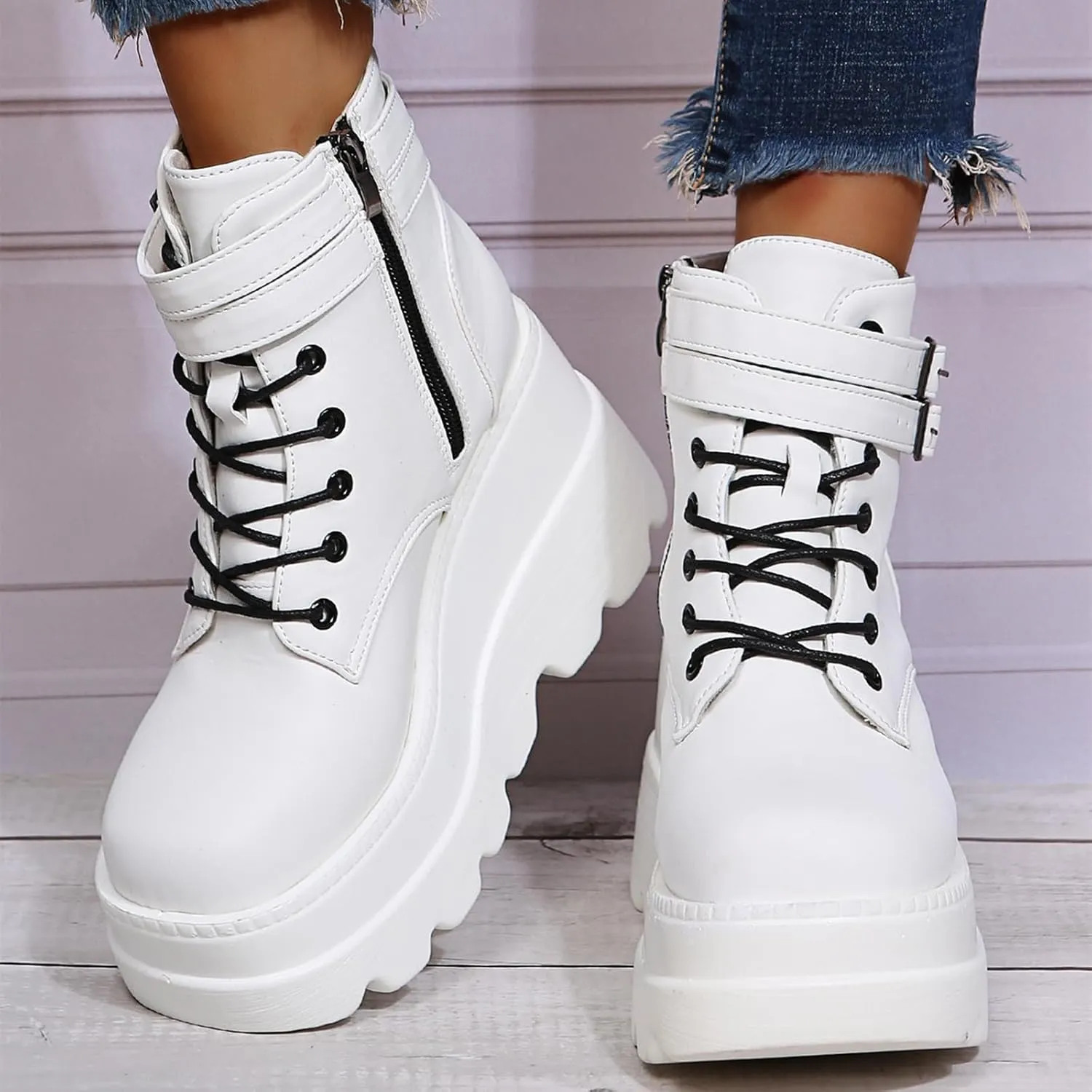 Women Wedge Ankle Boots Lace-Up Zip Round Toe High Heels Goth Combat Booties Chunky Heel Platform Motorcycle Boots