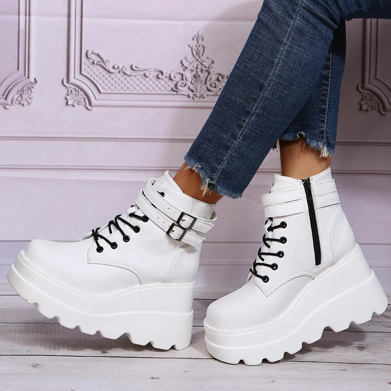 Women Wedge Ankle Boots Lace-Up Zip Round Toe High Heels Goth Combat Booties Chunky Heel Platform Motorcycle Boots