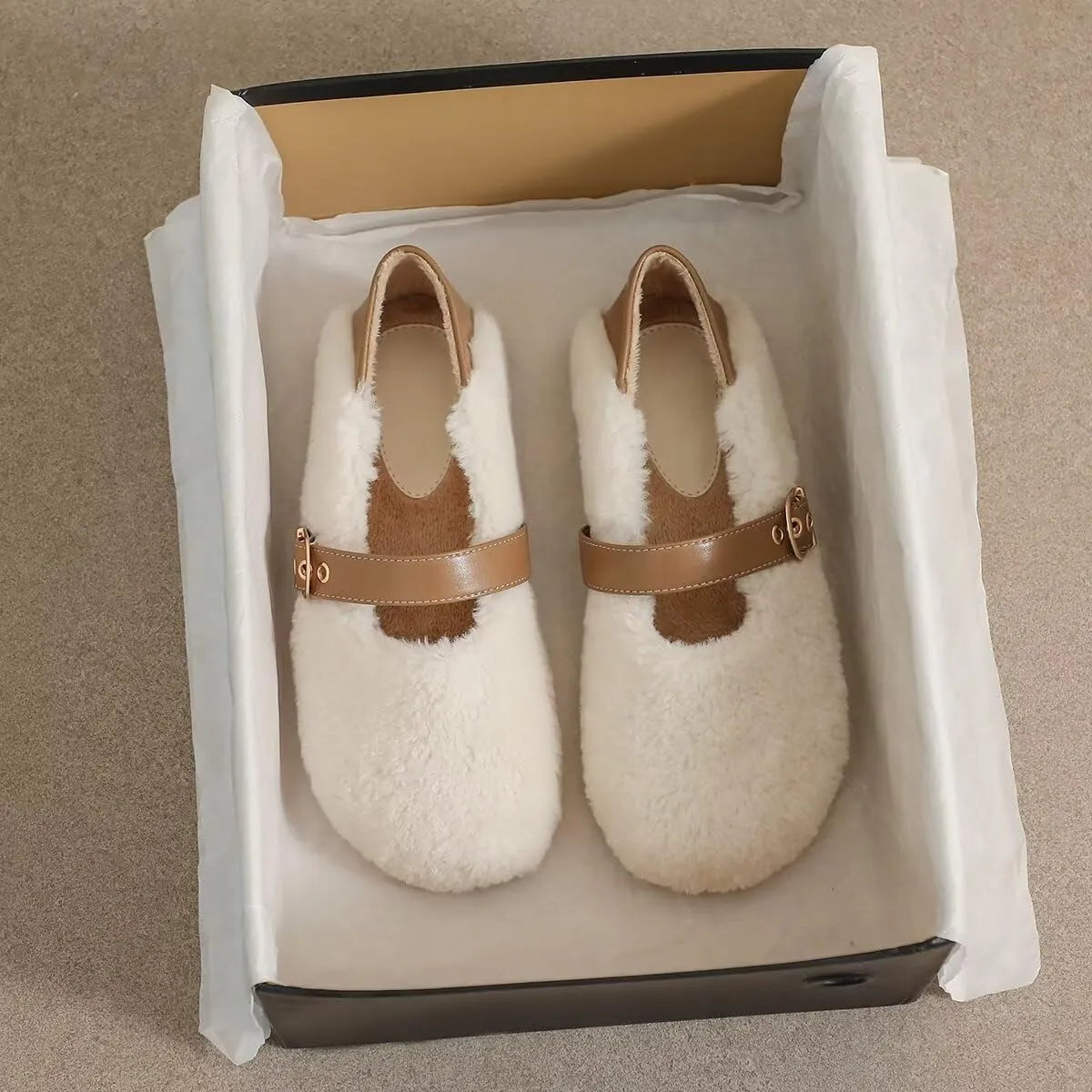 Women Winter Furry Mary Jane Shoes Warm Artificial Lamb Wool Flats Ankle Strap Ladies Indoor and Outdoor Dress Office Bedroom Casual Shoes