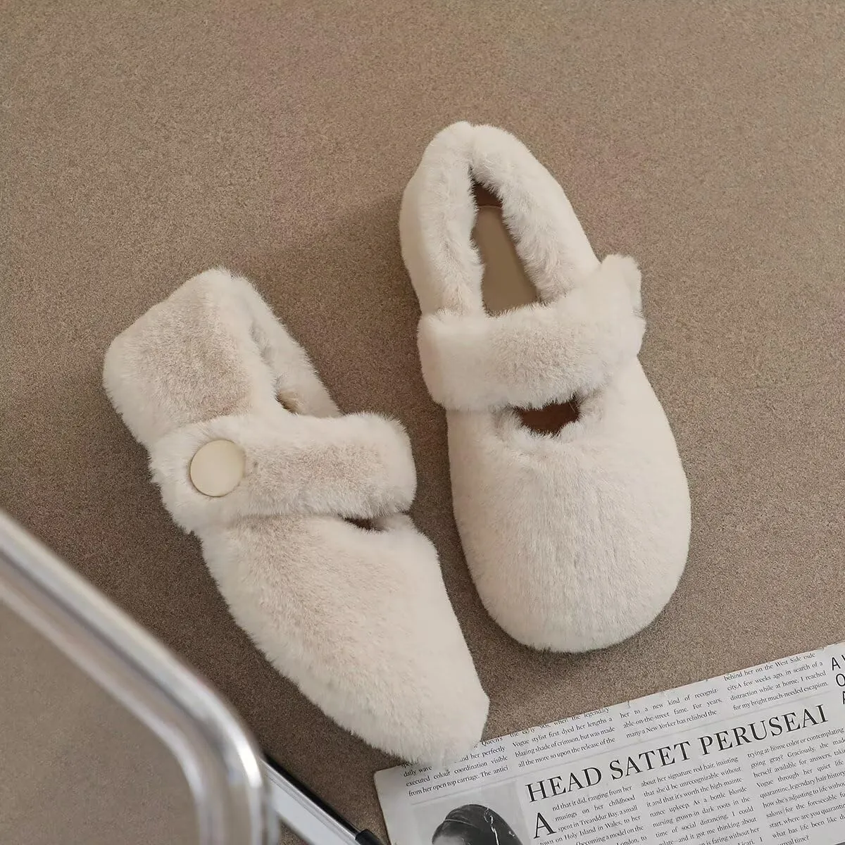 Women Winter Furry Mary Jane Shoes Warm Artificial Lamb Wool Flats Ankle Strap Ladies Indoor and Outdoor Dress Office Bedroom Casual Shoes