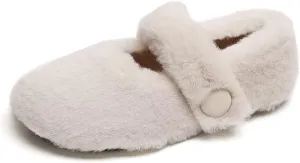 Women Winter Furry Mary Jane Shoes Warm Artificial Lamb Wool Flats Ankle Strap Ladies Indoor and Outdoor Dress Office Bedroom Casual Shoes