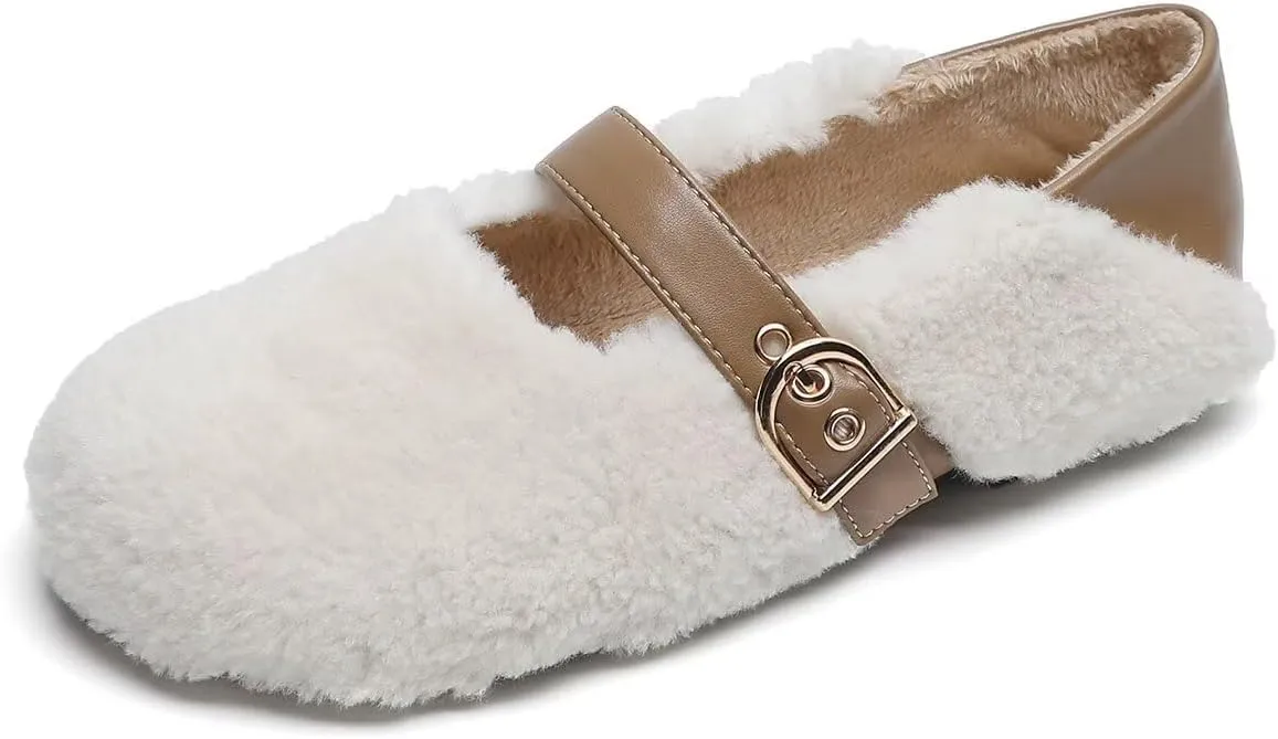 Women Winter Furry Mary Jane Shoes Warm Artificial Lamb Wool Flats Ankle Strap Ladies Indoor and Outdoor Dress Office Bedroom Casual Shoes