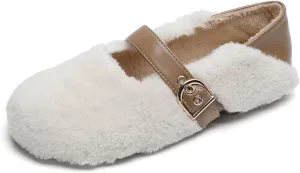Women Winter Furry Mary Jane Shoes Warm Artificial Lamb Wool Flats Ankle Strap Ladies Indoor and Outdoor Dress Office Bedroom Casual Shoes