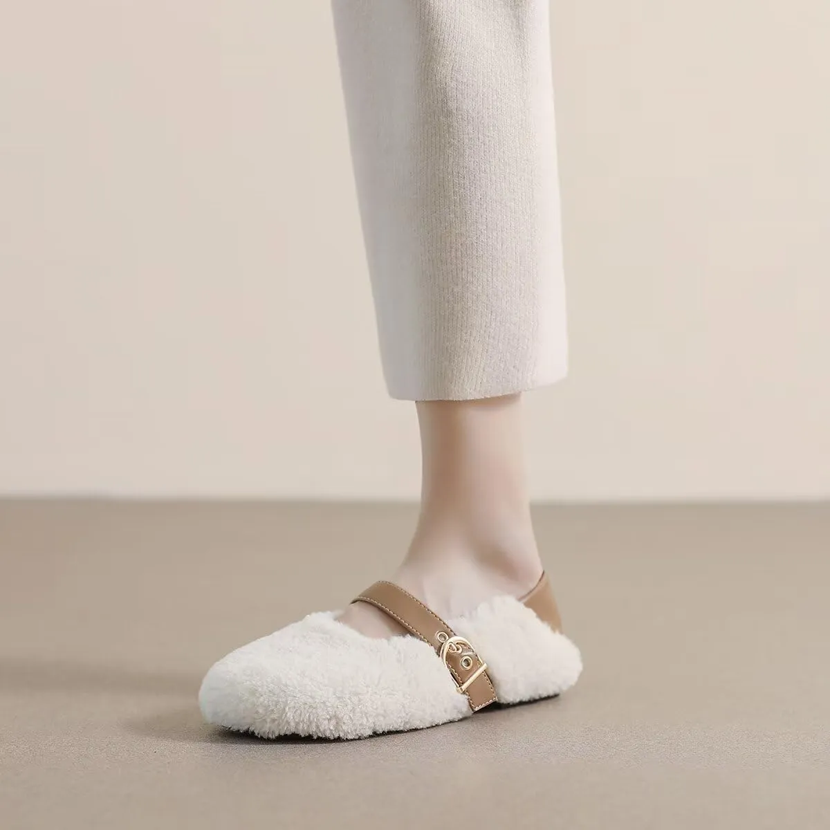 Women Winter Furry Mary Jane Shoes Warm Artificial Lamb Wool Flats Ankle Strap Ladies Indoor and Outdoor Dress Office Bedroom Casual Shoes